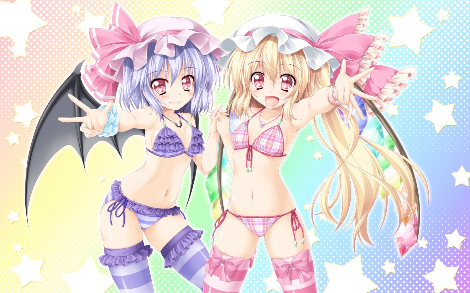 bikini, cleavage, flandre_scarlet, kamiya_tomoe, remilia_scarlet, swimsuits, thighhighs, touhou