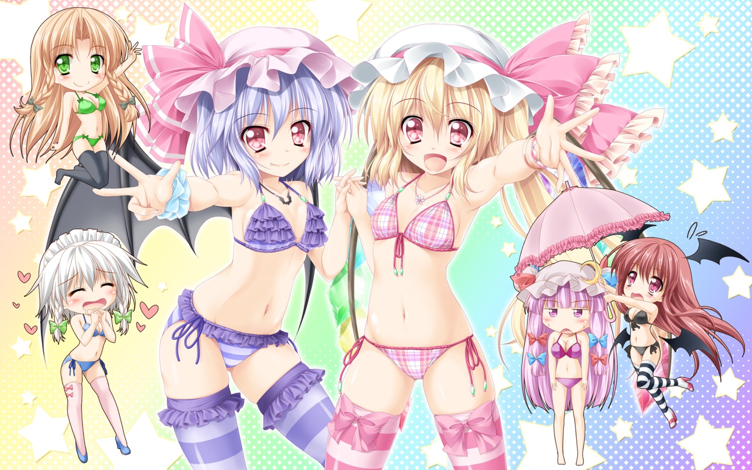 bikini, chibi, cleavage, flandre_scarlet, heels, hong_meiling, izayoi_sakuya, kamiya_tomoe