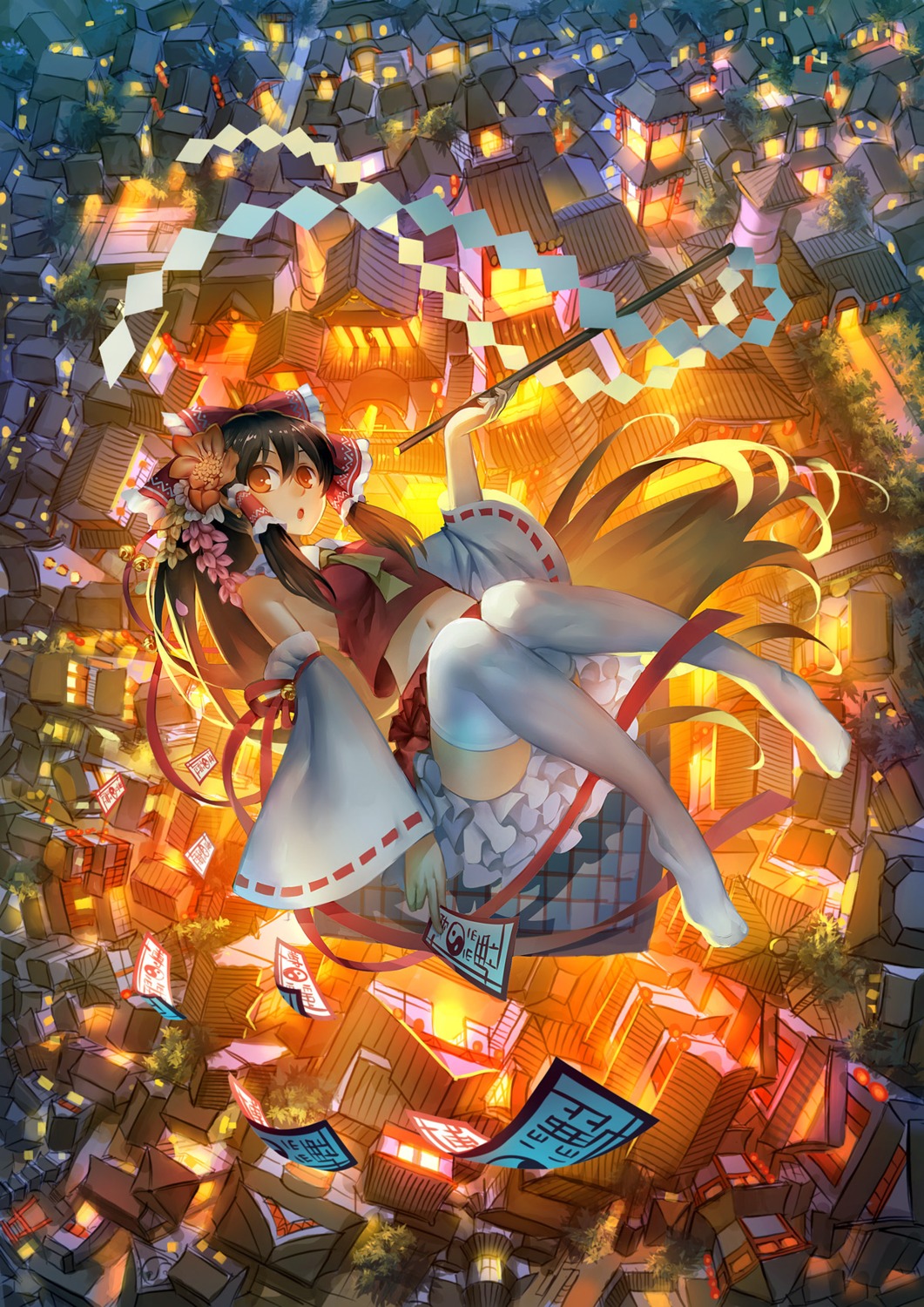 hakurei_reimu, landscape, madcocoon, no_bra, thighhighs, touhou
