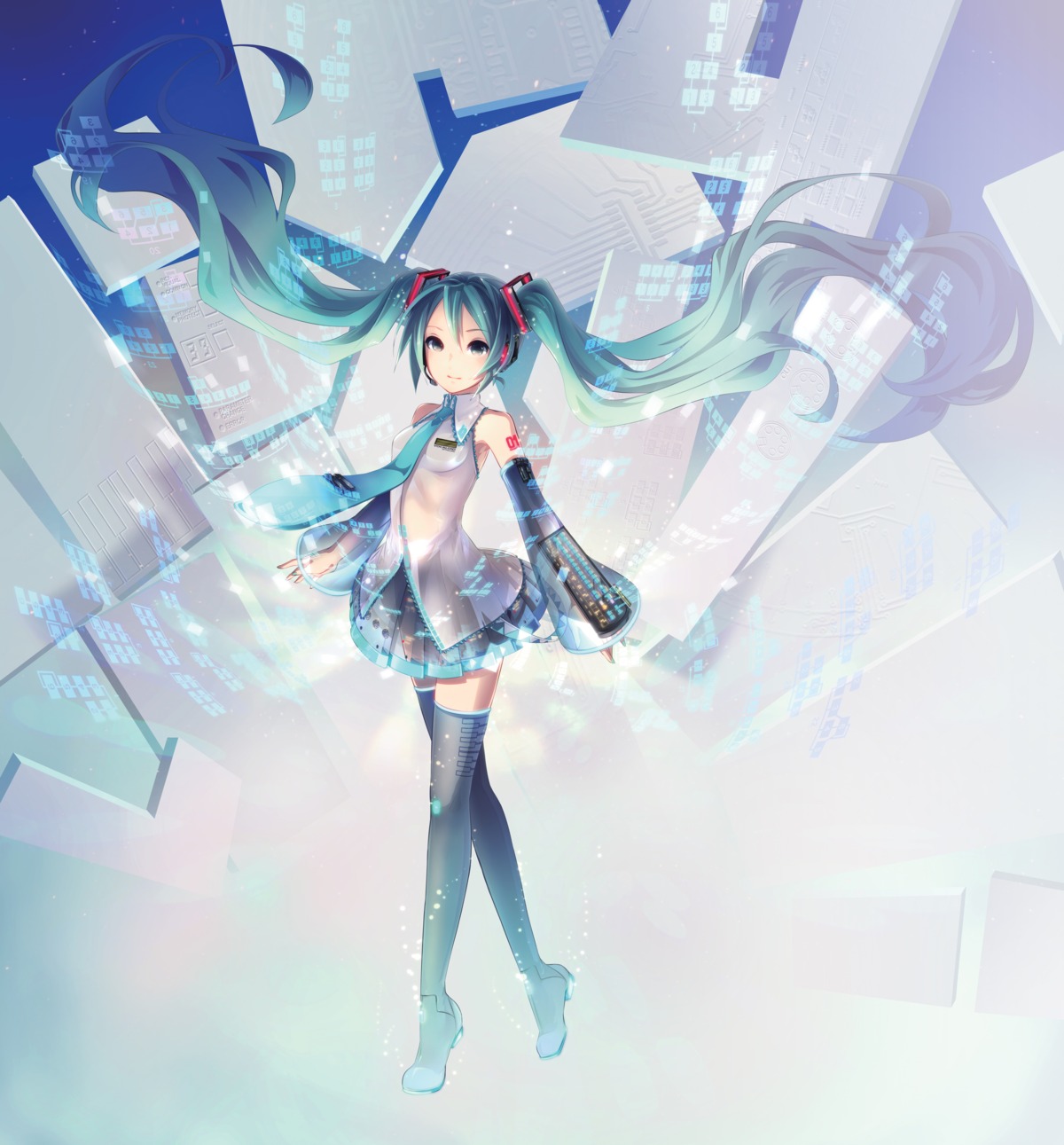 hatsune_miku, headphones, ixima, tattoo, thighhighs, vocaloid
