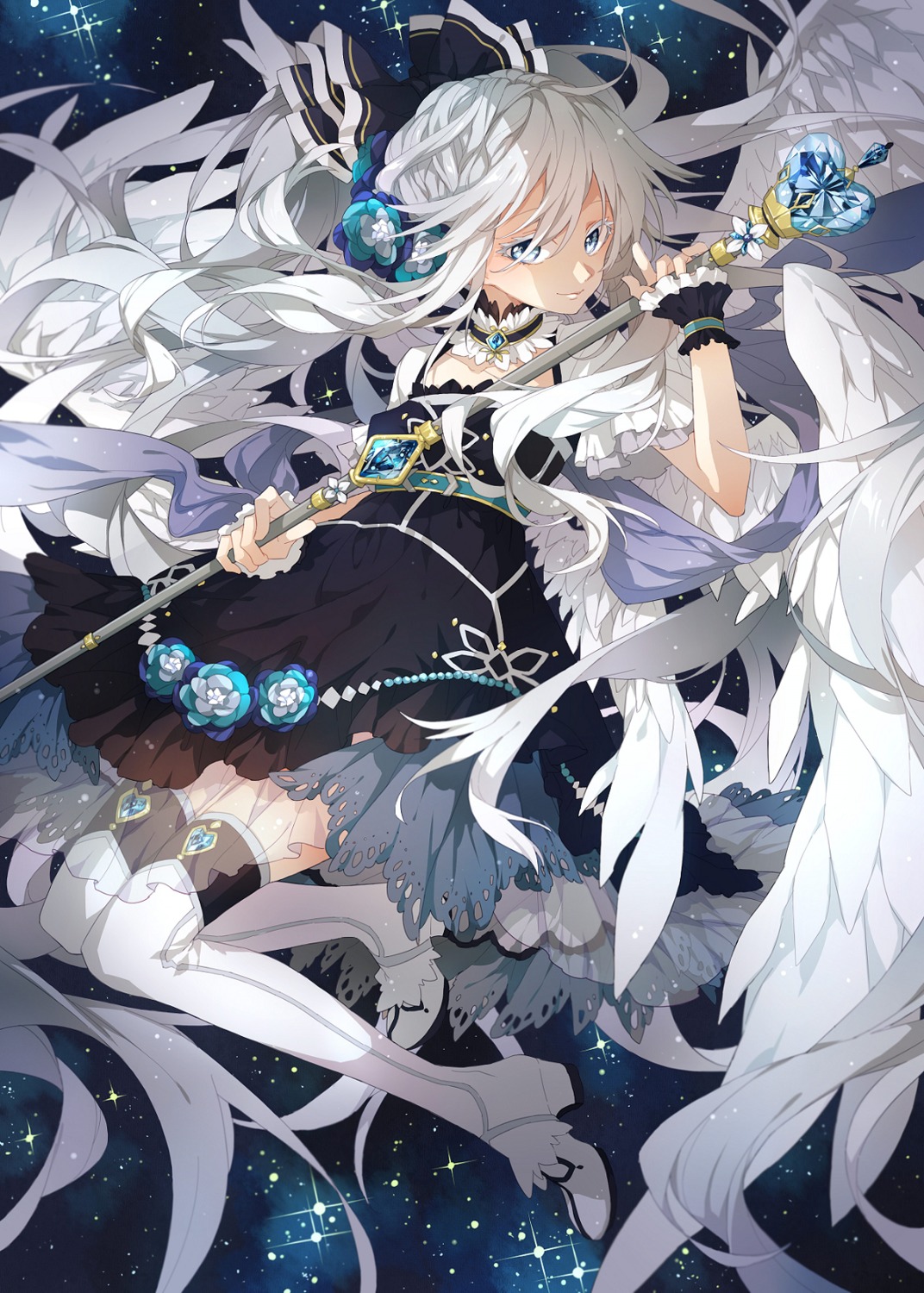 dress, heels, no, nobuyo_ninomiya, see_through, thighhighs, weapon, wings