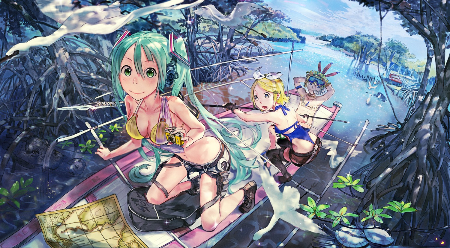 ass, bikini, cleavage, el-zheng, hatsune_miku, headphones, kagamine_len, kagamine_rin