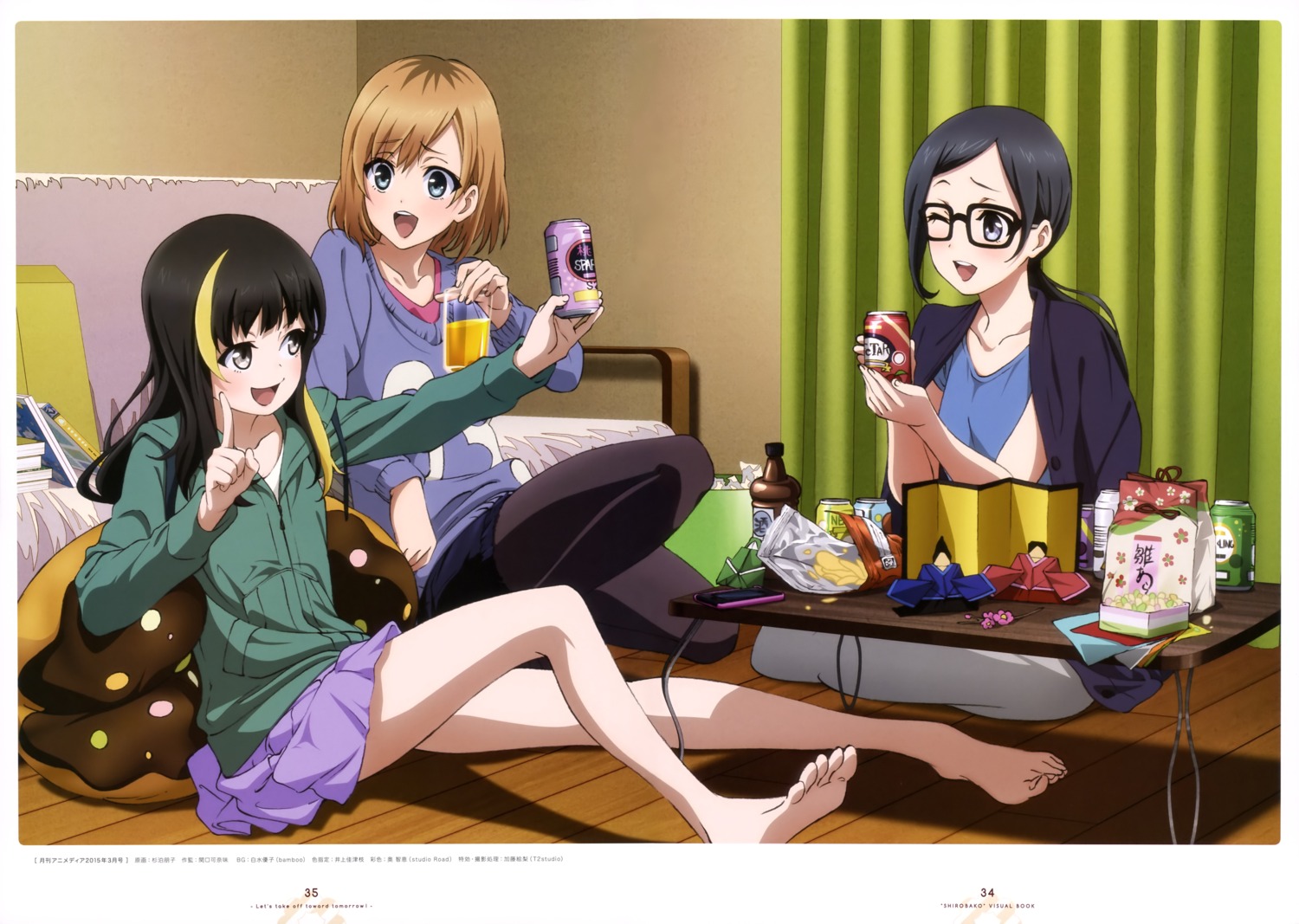 andou_tsubaki, feet, megane, miyamori_aoi, pantyhose, satou_sara, shirobako, sugidomari_tomoko