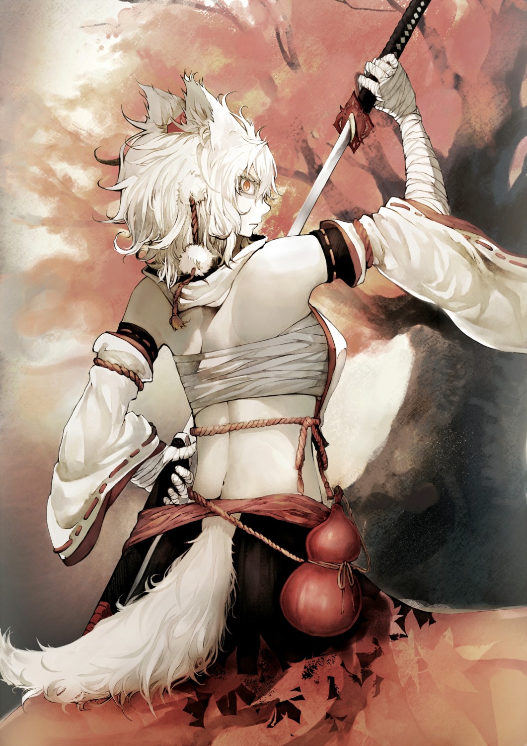 animal_ears, inubashiri_momiji, jebura, sarashi, sword, tail, touhou
