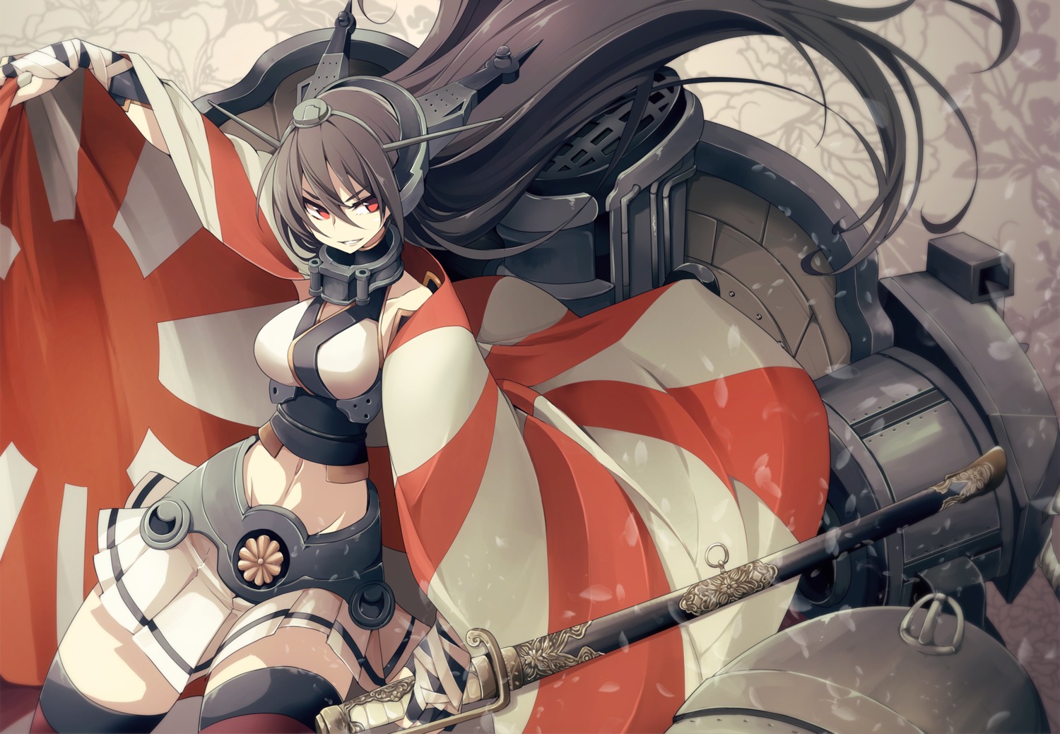 kantai_collection, nagato_(kancolle), sword, tansuke, thighhighs