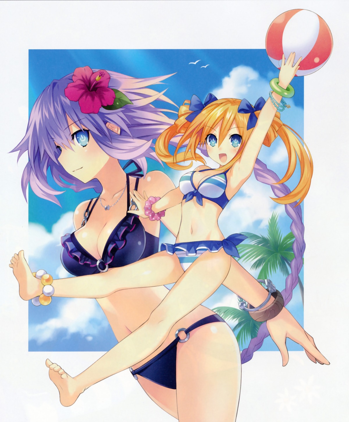 bikini, choujigen_game_neptune, cleavage, feet, kami_jigen_game_neptune_v, orange_heart, purple_heart, swimsuits, tsunako