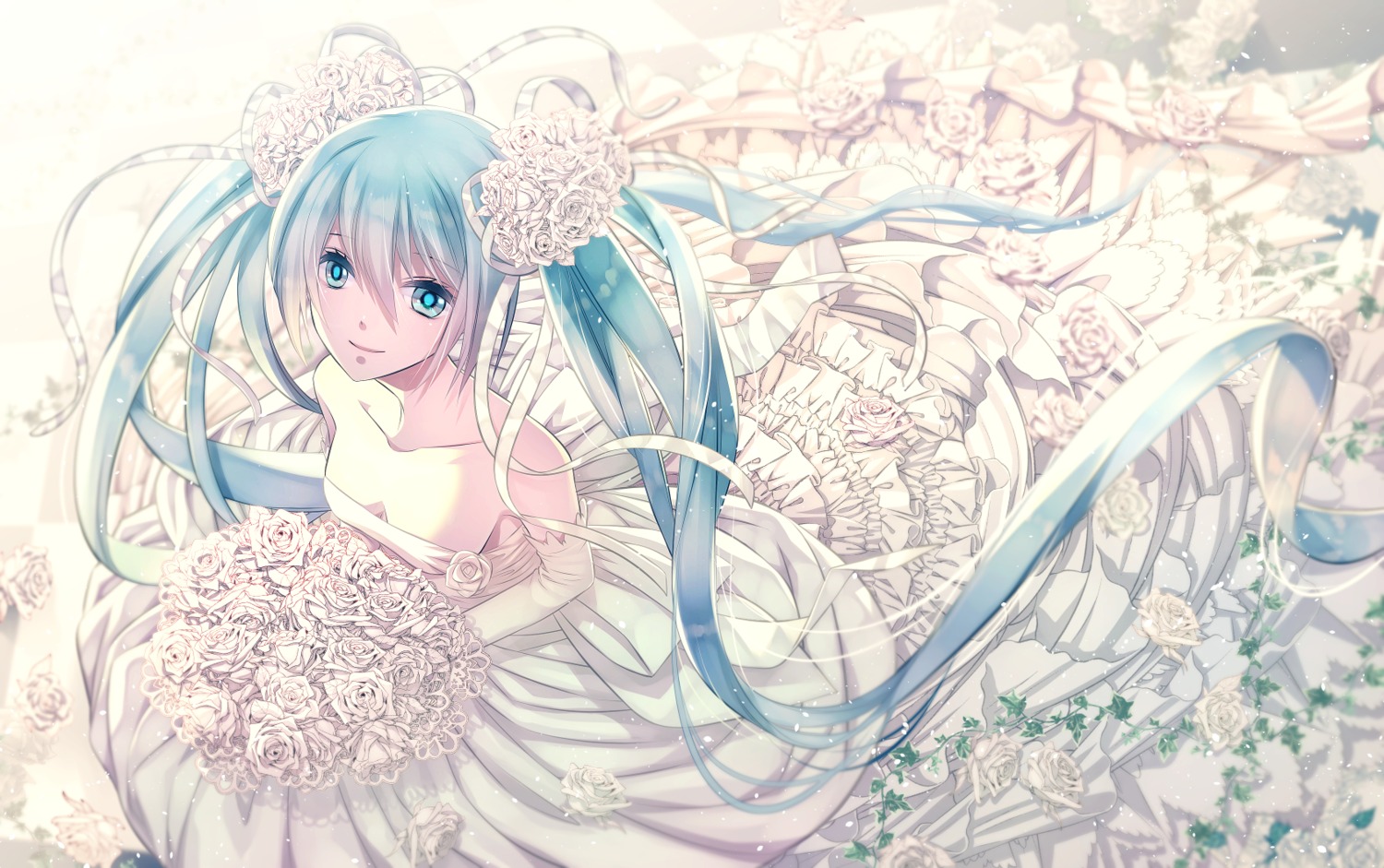cleavage, dress, hatsune_miku, shijuuhachi, vocaloid, wedding_dress