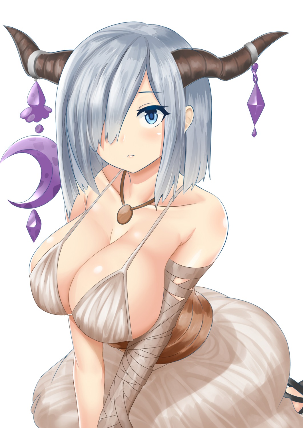 bandages, breast_hold, cosplay, danua, dress, granblue_fantasy, hamakaze_(kancolle), horns, kantai_collection, no_bra, sin_(kami148)