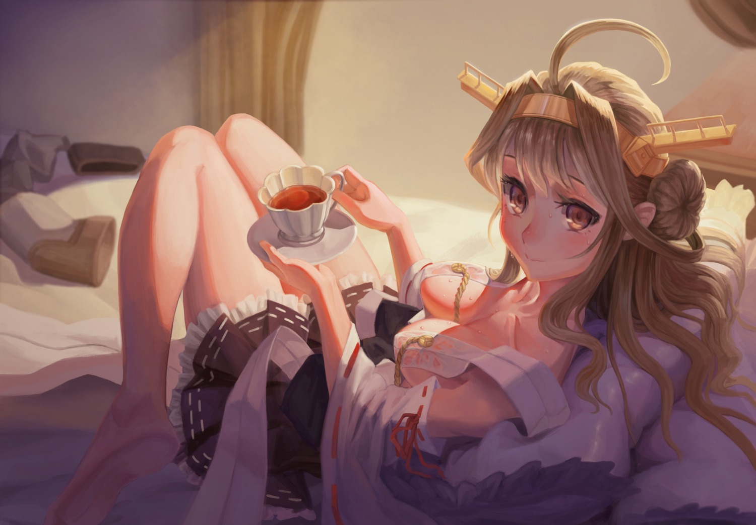 cleavage, ecien, feet, kantai_collection, kongou_(kancolle), no_bra, see_through