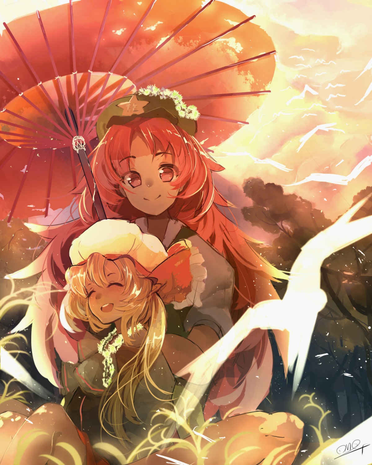 flandre_scarlet, hong_meiling, omo_(utakatadice), touhou, umbrella