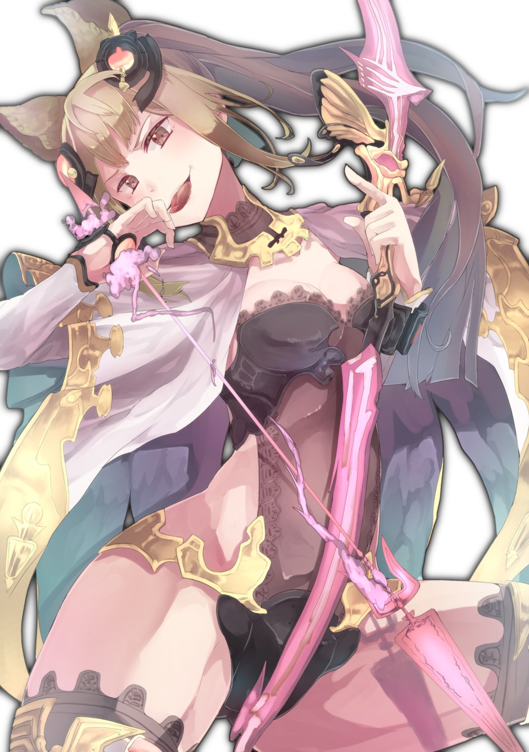 animal_ears, cleavage, granblue_fantasy, leotard, metera_(granblue_fantasy), saraki, thighhighs, weapon