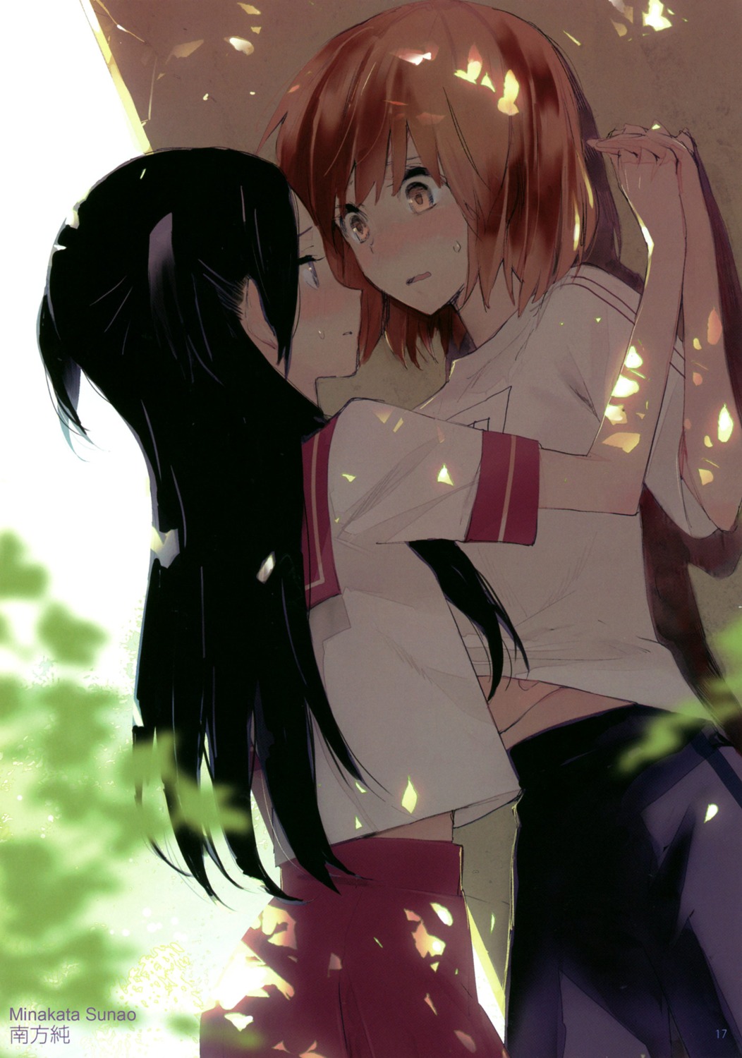 gym_uniform, minakata_sunao, seifuku, shirt_lift, yuri