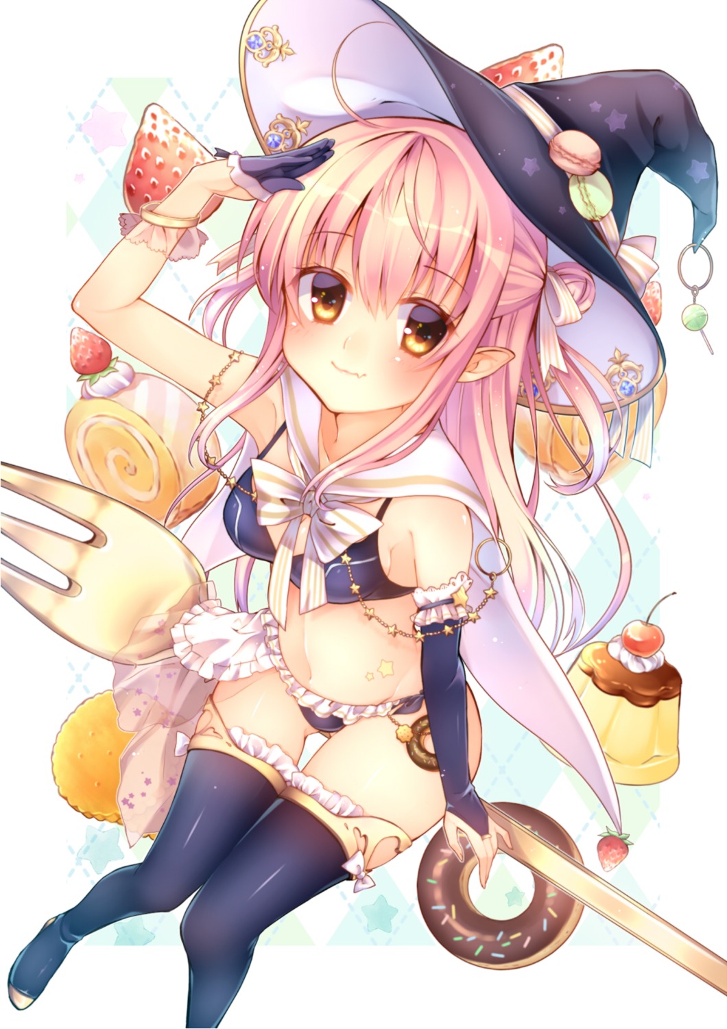 bikini, chihio, cleavage, million_arthur_irakon_ma, pointy_ears, swimsuits, thighhighs, witch