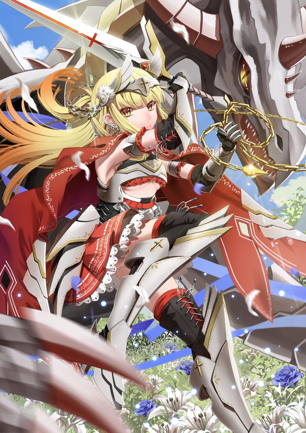 armor, cross_akiha, heels, monster, sword, thighhighs, underboob