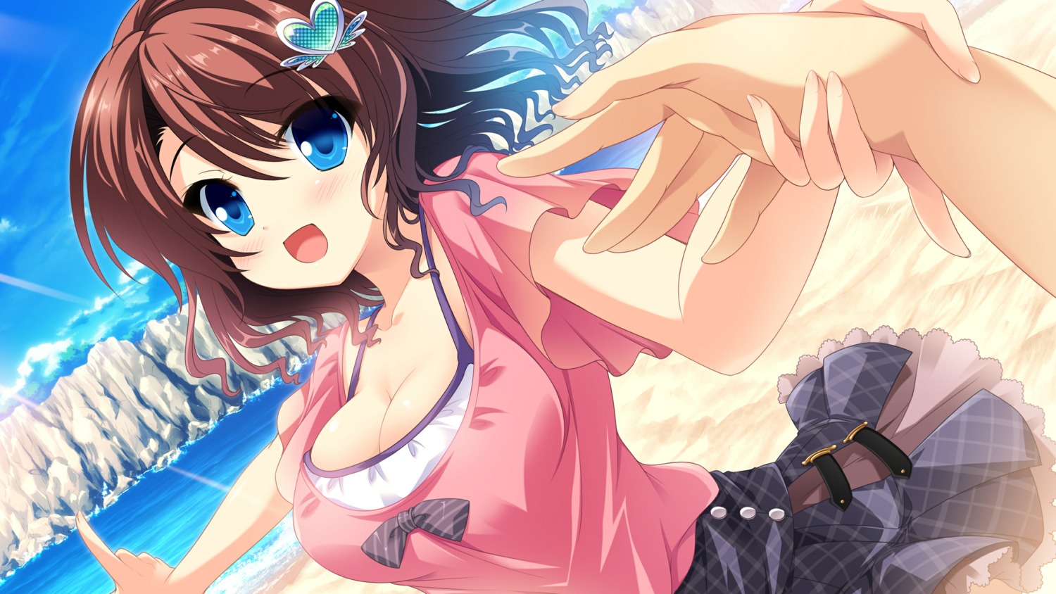 cleavage, cocoro@function!, game_cg, hinata_momo, pulltop, yuzuriha_hijiri