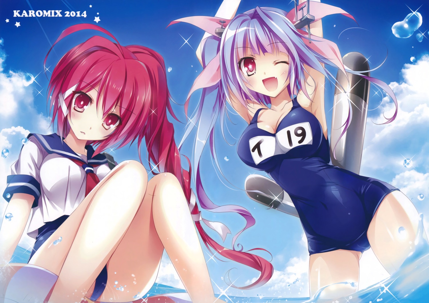 cleavage, i-168_(kancolle), i-19_(kancolle), kantai_collection, karory, school_swimsuit, swimsuits, wet