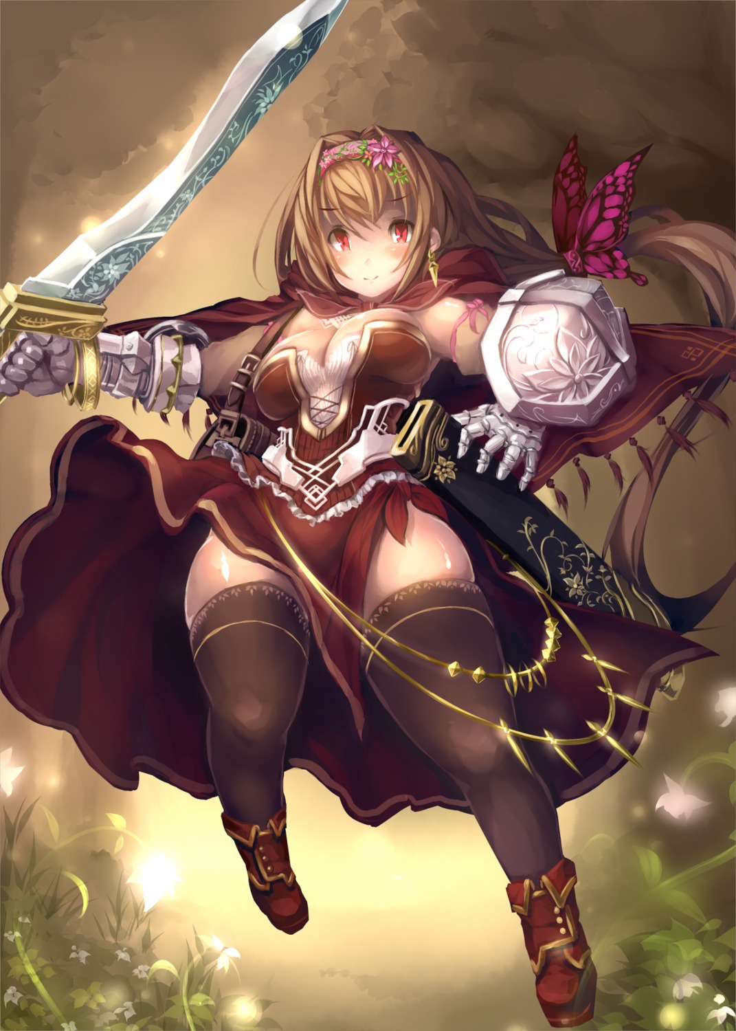 armor, cleavage, sword, thighhighs, usuki_(graygreed)
