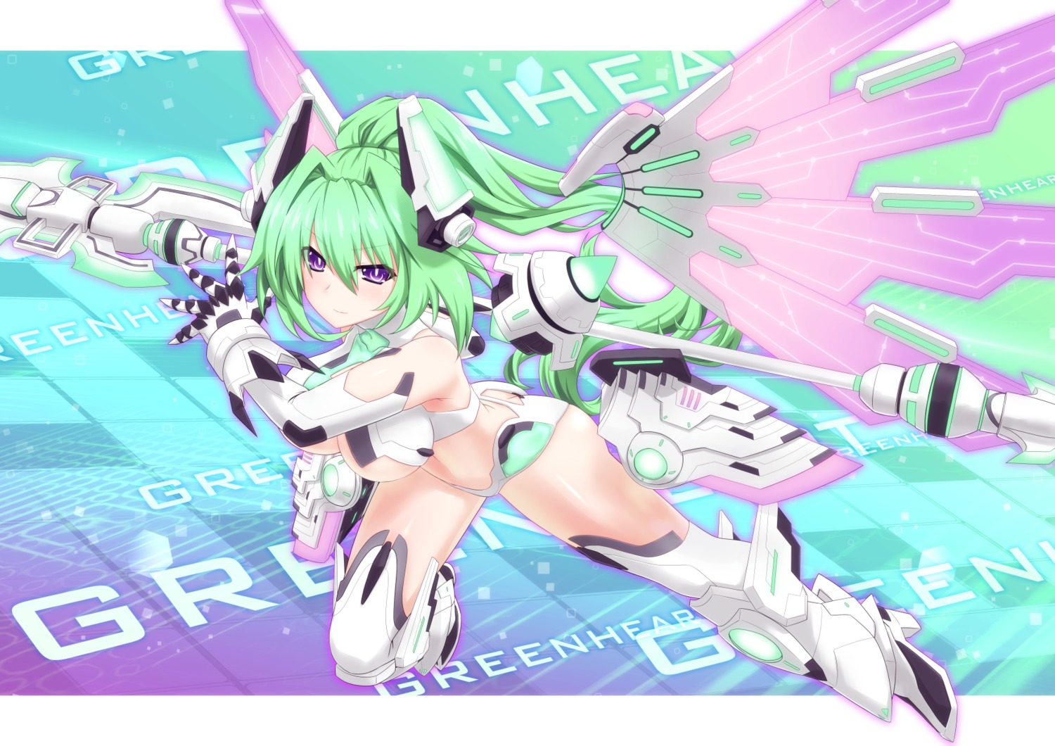 bikini_armor, choujigen_game_neptune, green_heart, heels, mizunashi_(second_run), thighhighs, underboob, weapon, wings