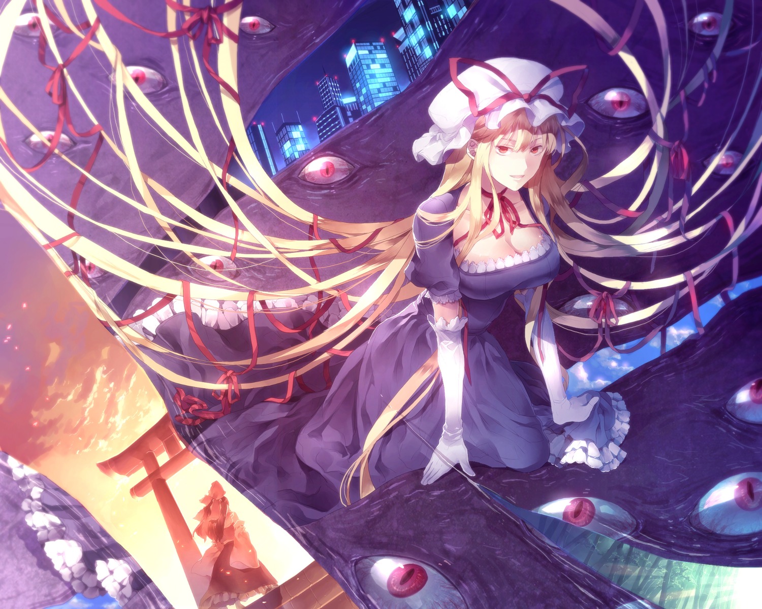 cleavage, dress, hakurei_reimu, sunakumo, touhou, yakumo_yukari