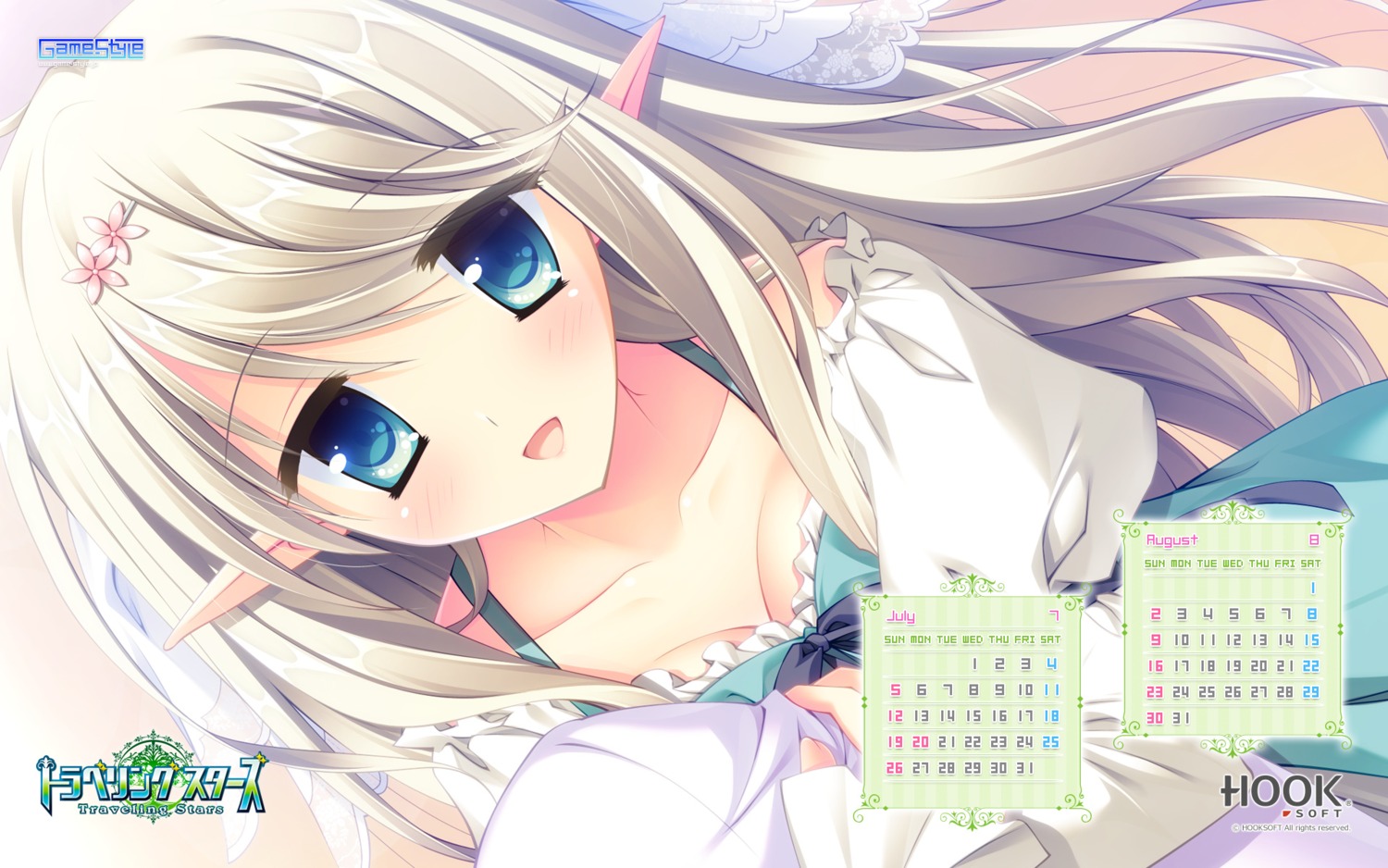 calendar, cleavage, dress, elf, game-style, hook, matsushita_makako, pointy_ears