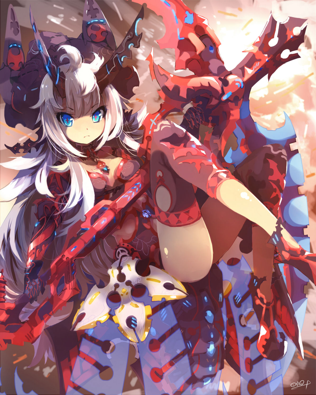 horns, million_arthur_irakon_waza, ookuni_osamu, thighhighs, weapon