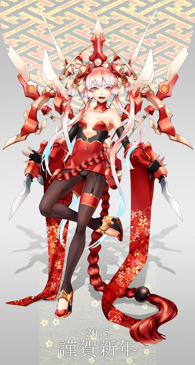 cleavage, dress, heels, kura, no_bra, pantsu, pantyhose, weapon, wings
