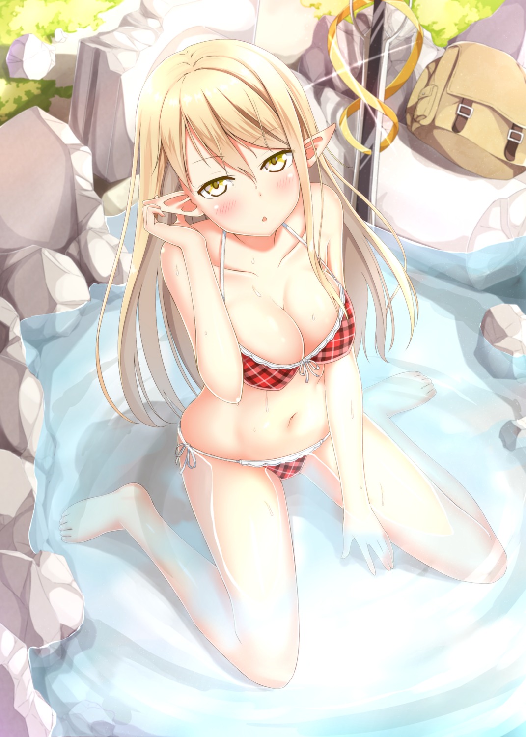 bikini, cleavage, feet, karutamo, million_arthur_irakon_natsu, pointy_ears, swimsuits, sword, wet
