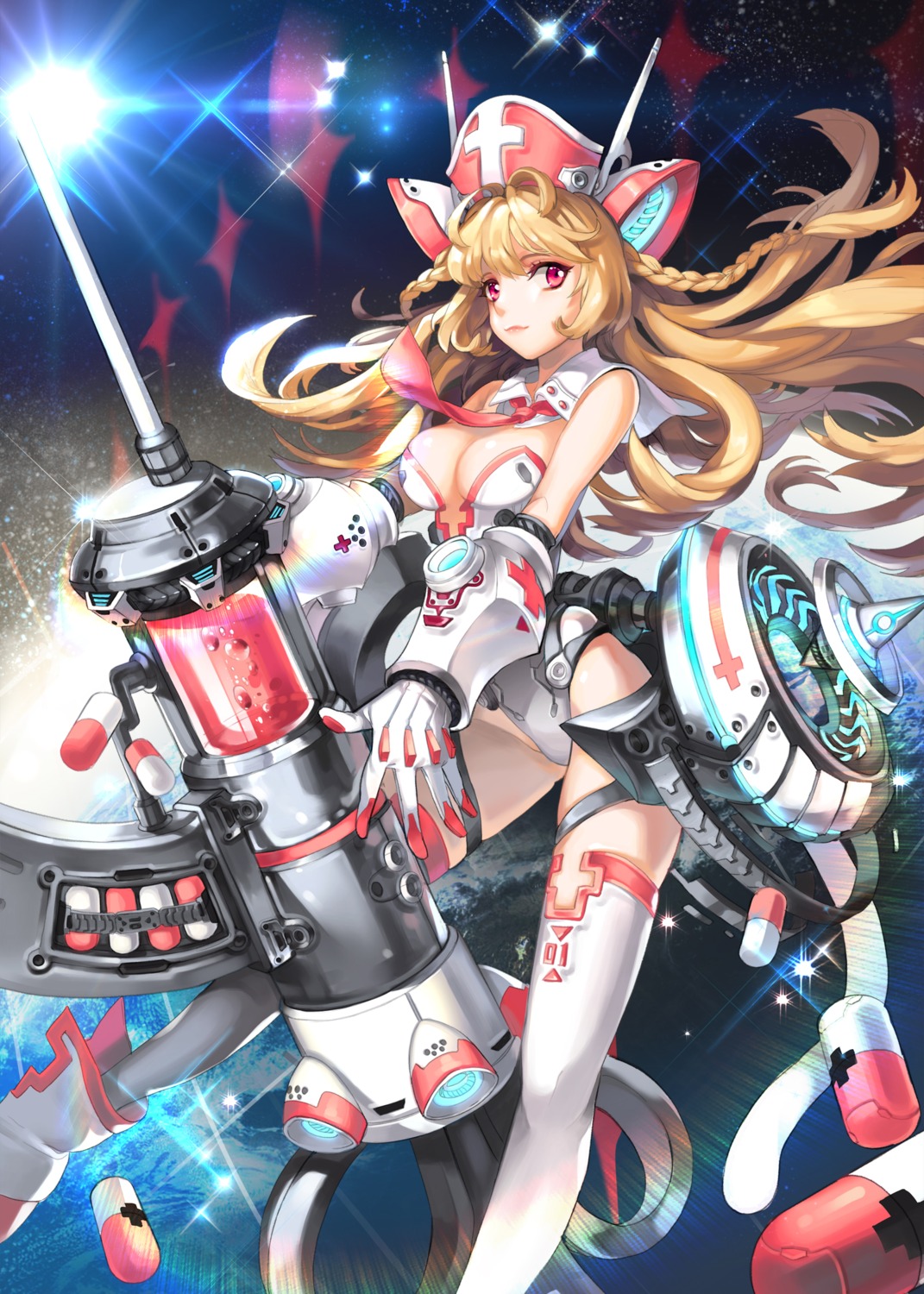 animal_ears, cleavage, gun, leotard, million_arthur_irakon_ma, no_bra, nurse, platina77