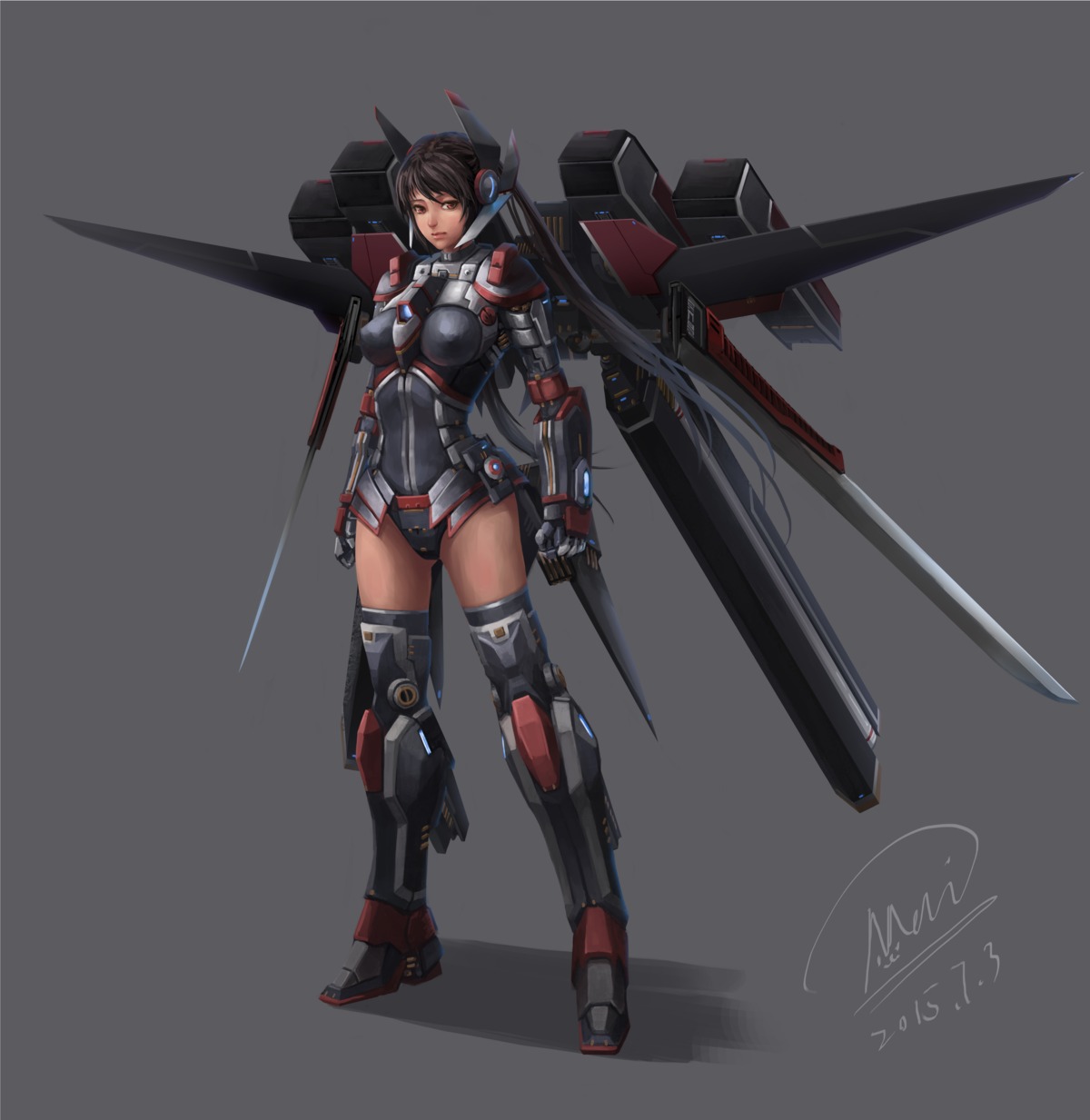 bodysuit, heels, mecha_musume, shou_mai, thighhighs, weapon