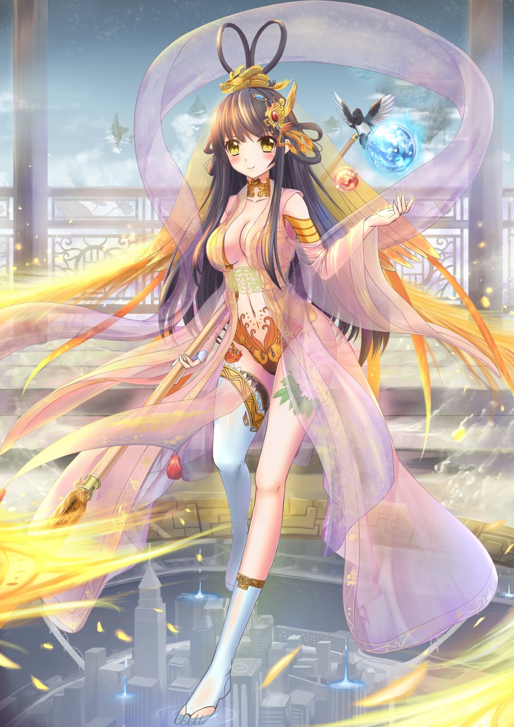 asian_clothes, cleavage, huanghyy, million_arthur_irakon_ken, no_bra, see_through, thighhighs, weapon, wet