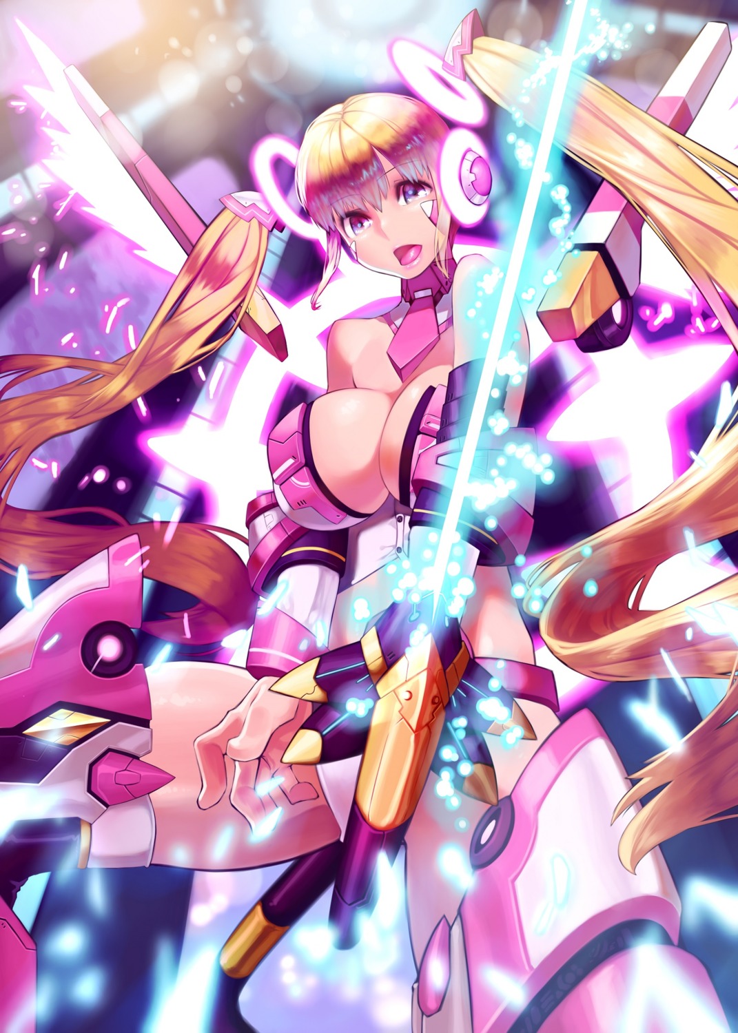 cleavage, doku-chan_(dokkudokudoku), mecha_musume, million_arthur_irakon_ma, pantsu, thighhighs, weapon
