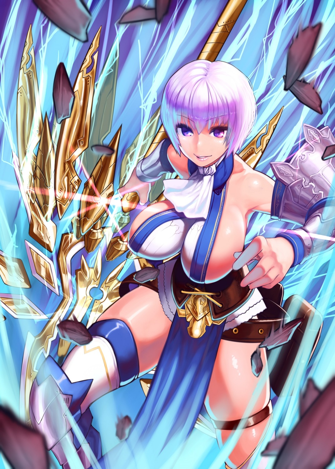 armor, doku-chan_(dokkudokudoku), garter, million_arthur_irakon_ken, no_bra, thighhighs, weapon