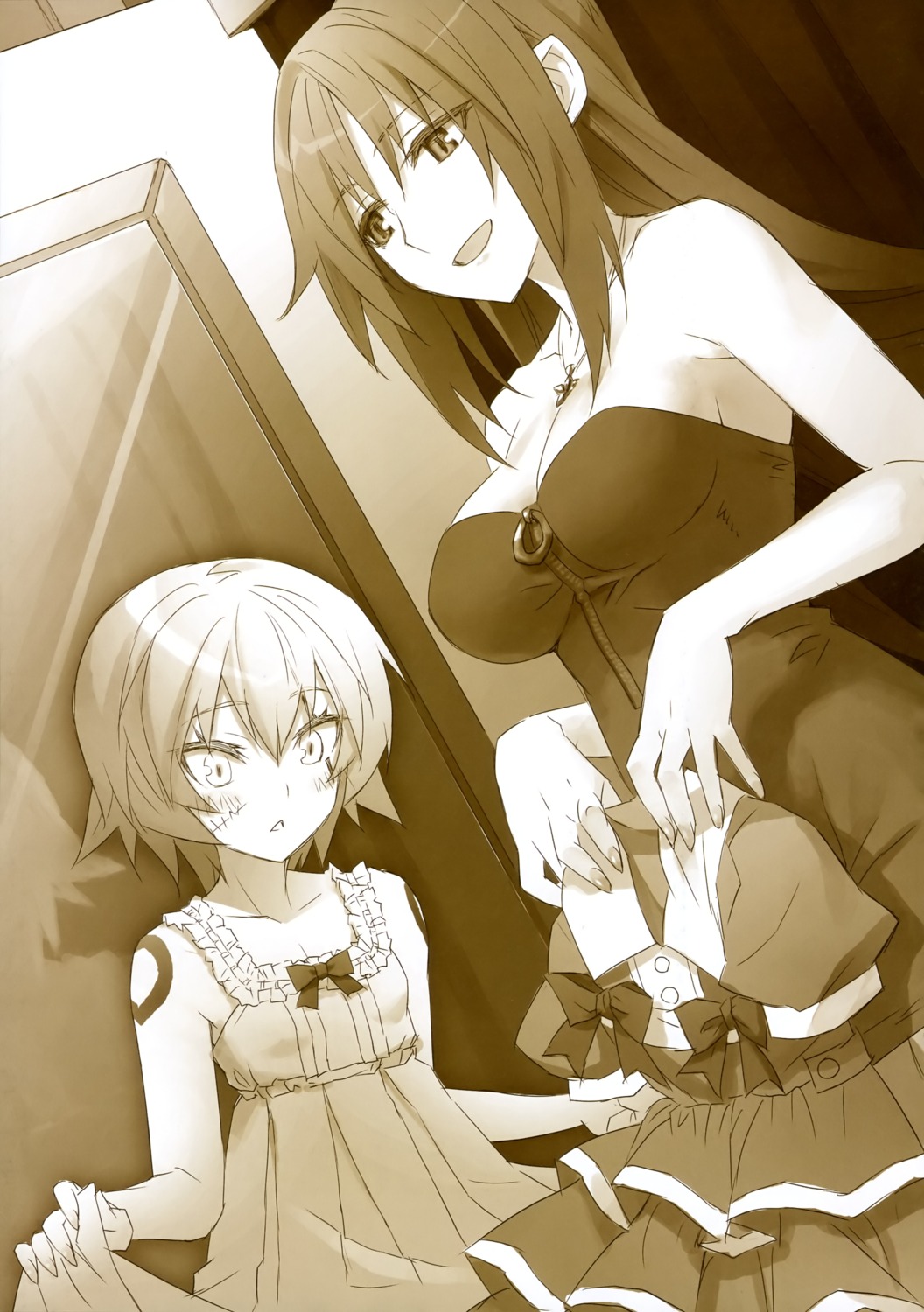 cleavage, dress, fate/apocrypha, fate/stay_night, jack_the_ripper, monochrome, rikudou_reika, skirt_lift, type-moon