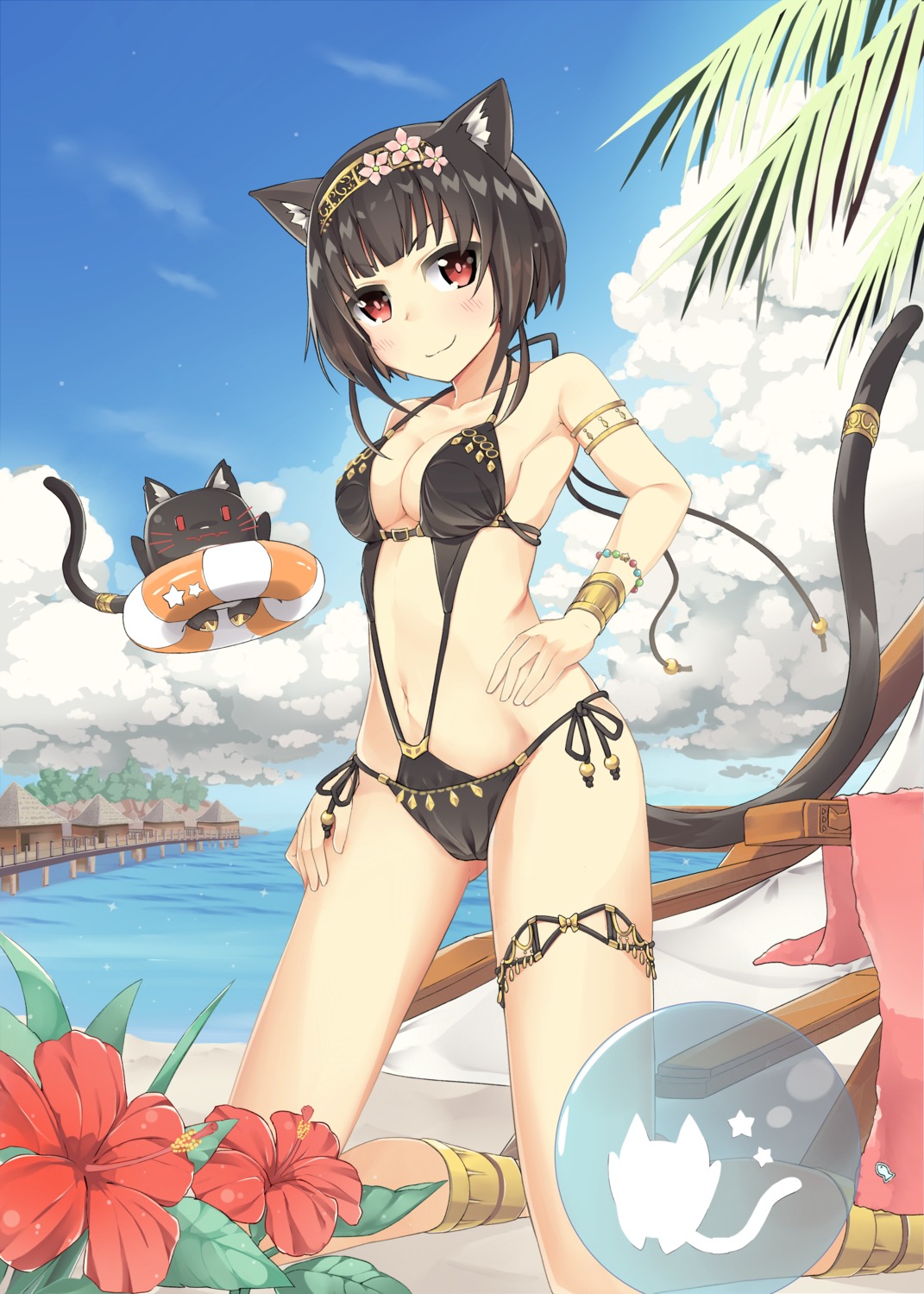 animal_ears, bikini, cleavage, garter, kureha_(tomo-yuki), million_arthur_irakon_natsu, neko, nekomimi, swimsuits, tail