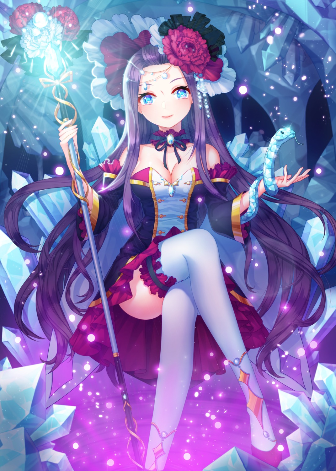 cleavage, dress, million_arthur_irakon_ma, ming_(applem7), thighhighs, weapon