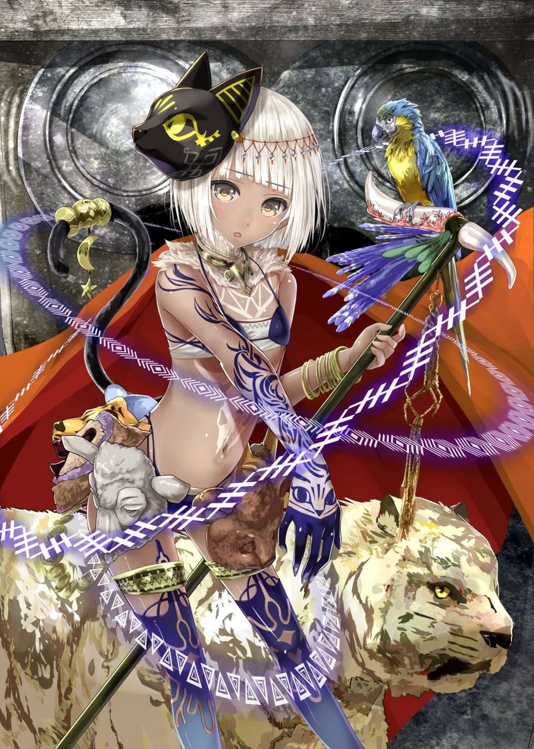 bikini, mikipuruun_no_naegi, million_arthur_irakon_ma, swimsuits, tail, tattoo, thighhighs, weapon