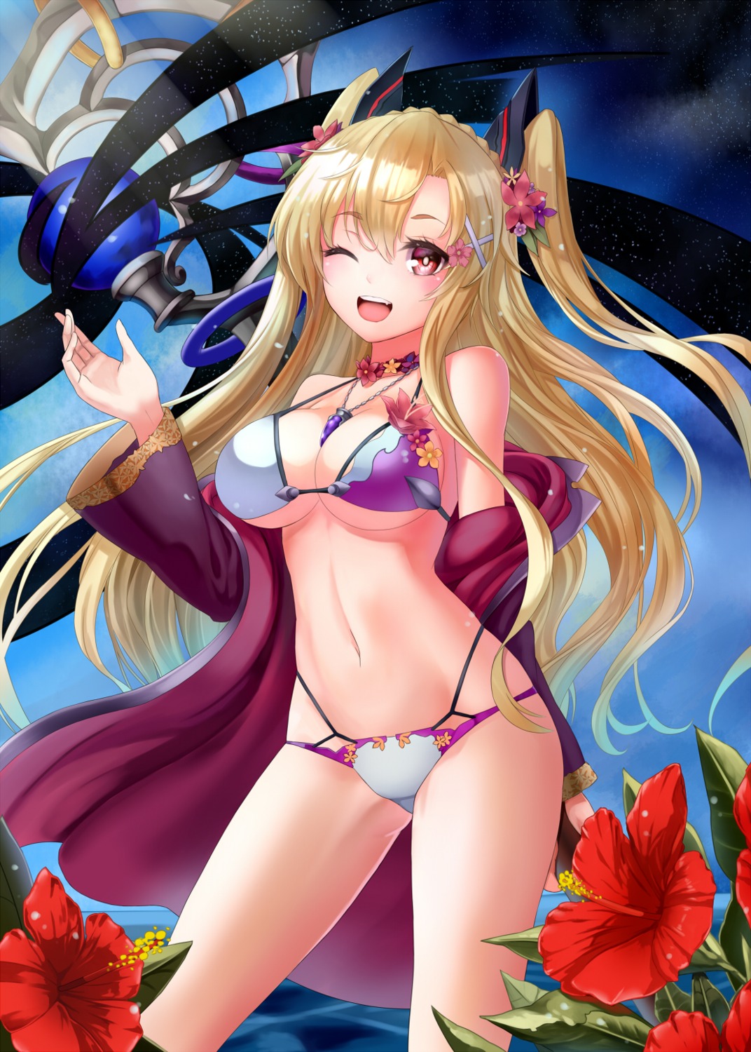 bikini, cleavage, million_arthur_irakon_natsu, mizuya_nao, open_shirt, swimsuits, underboob, weapon