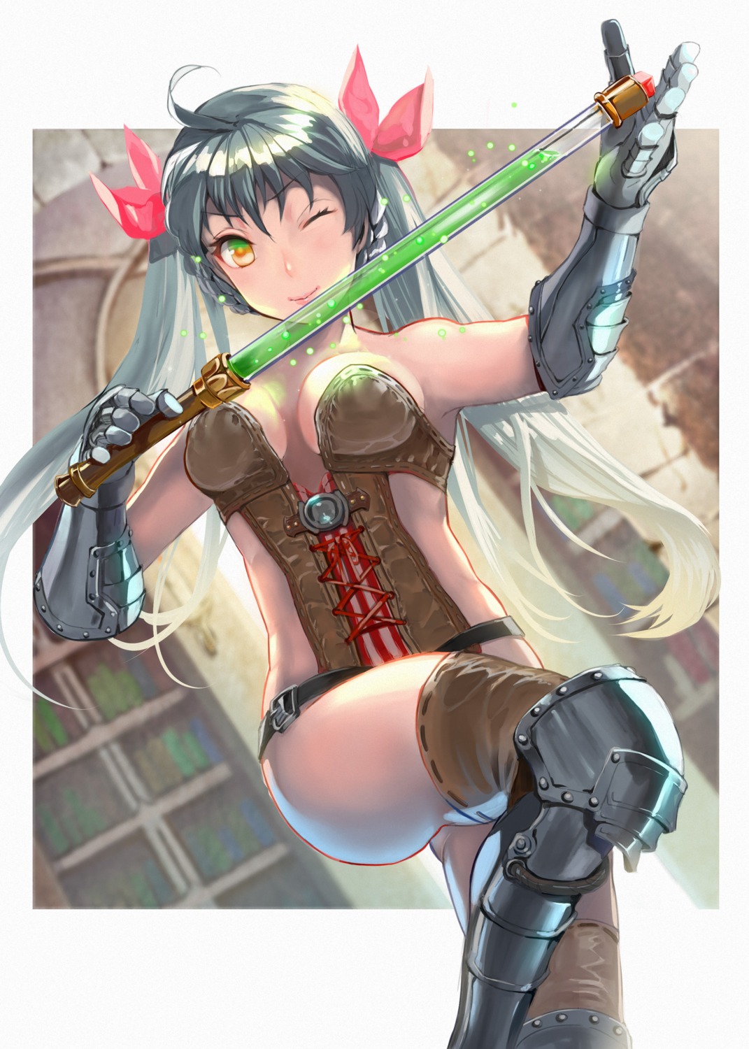 cleavage, million_arthur_irakon_waza, misokick, no_bra, thighhighs, weapon