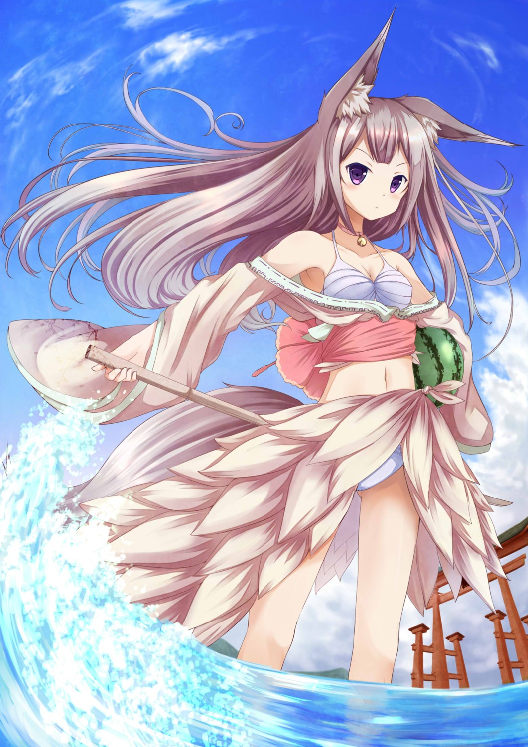 animal_ears, bikini, cleavage, kitsune, million_arthur_irakon_natsu, open_shirt, swimsuits, tail