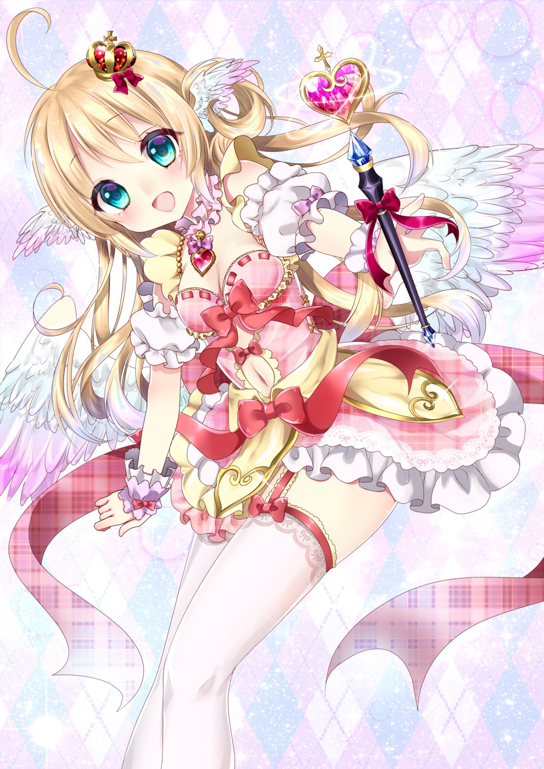 cleavage, dress, shanghai_bisu, stockings, thighhighs, weapon, wings