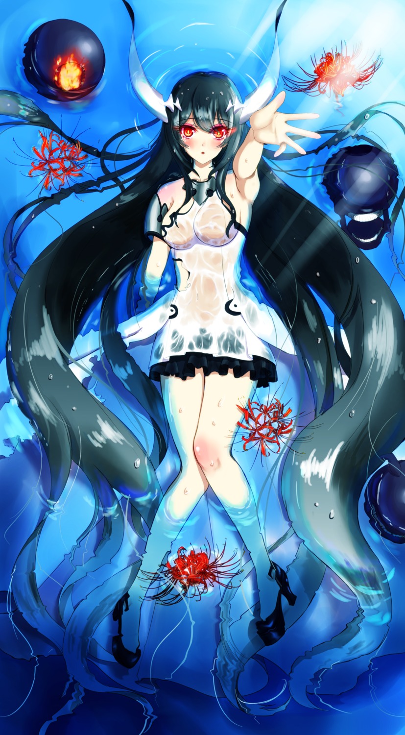 anchorage_water_oni, heels, horns, kantai_collection, no_bra, see_through, tsubame_(setasetaseta), wet_clothes