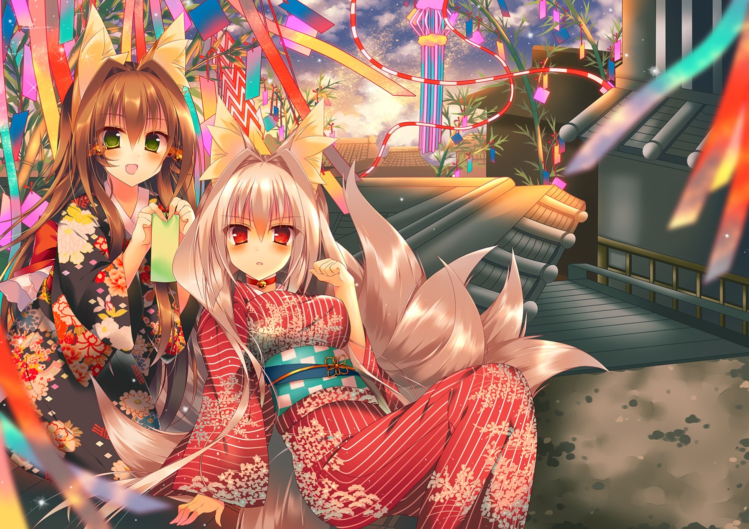 animal_ears, kitsune, landscape, saichuu, tail, yukata