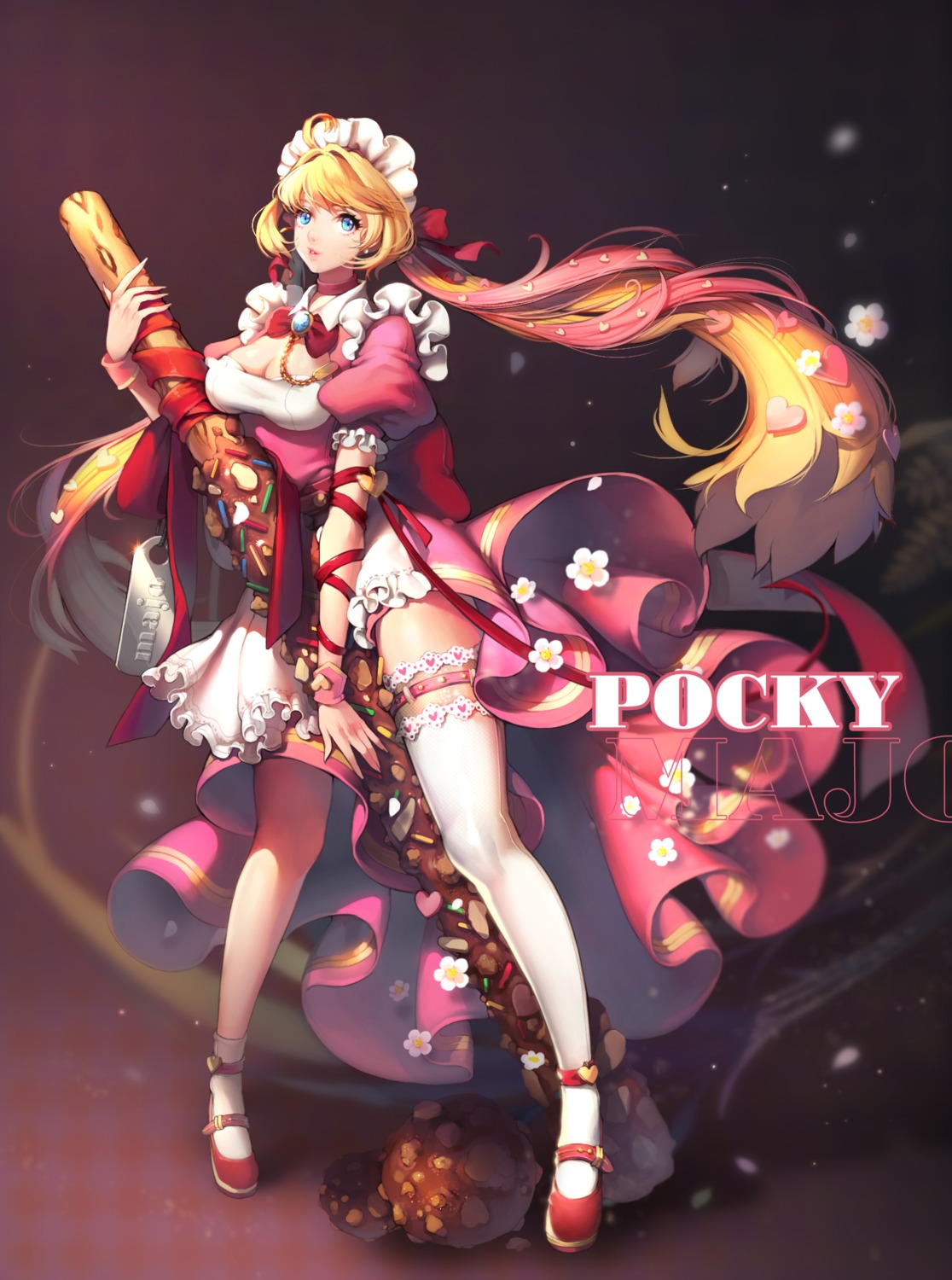 cleavage, maid, majo, thighhighs, weapon