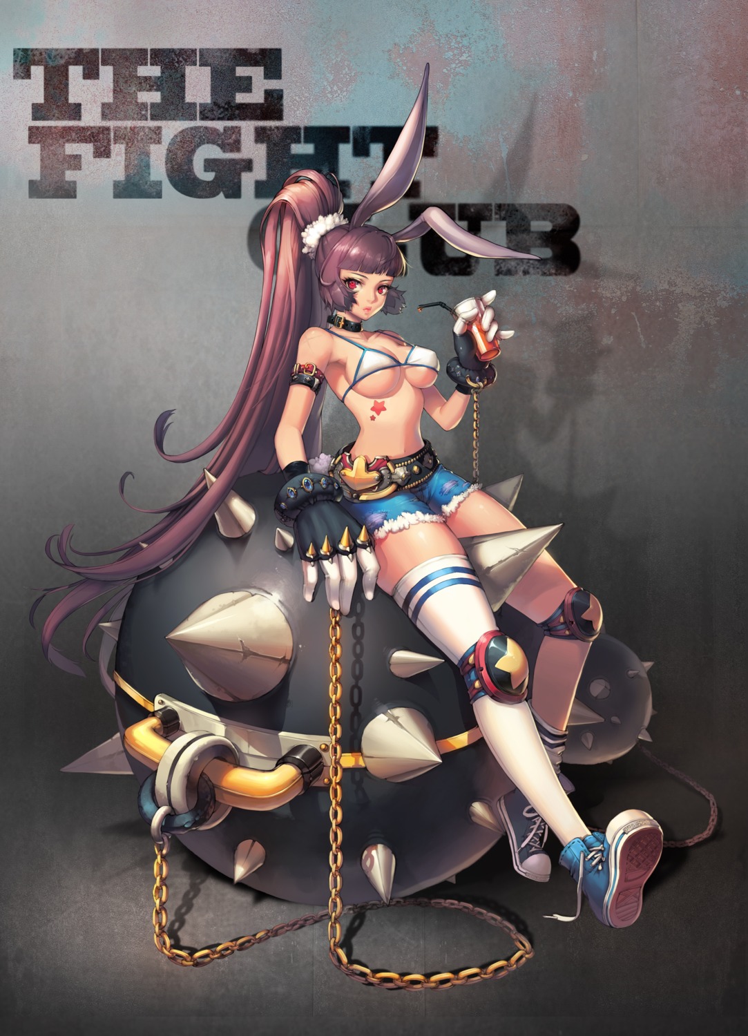 animal_ears, bikini_top, bunny_ears, cleavage, majo, swimsuits, thighhighs, underboob, weapon