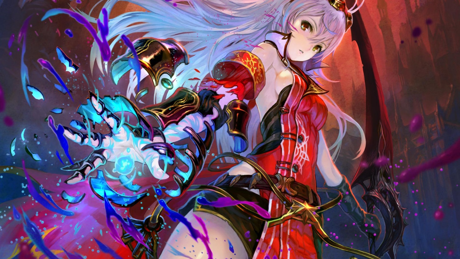 armor, arnice_(yoru_no_nai_kuni), gust_(company), no_bra, sword, wallpaper, yoru_no_nai_kuni, yoshiku