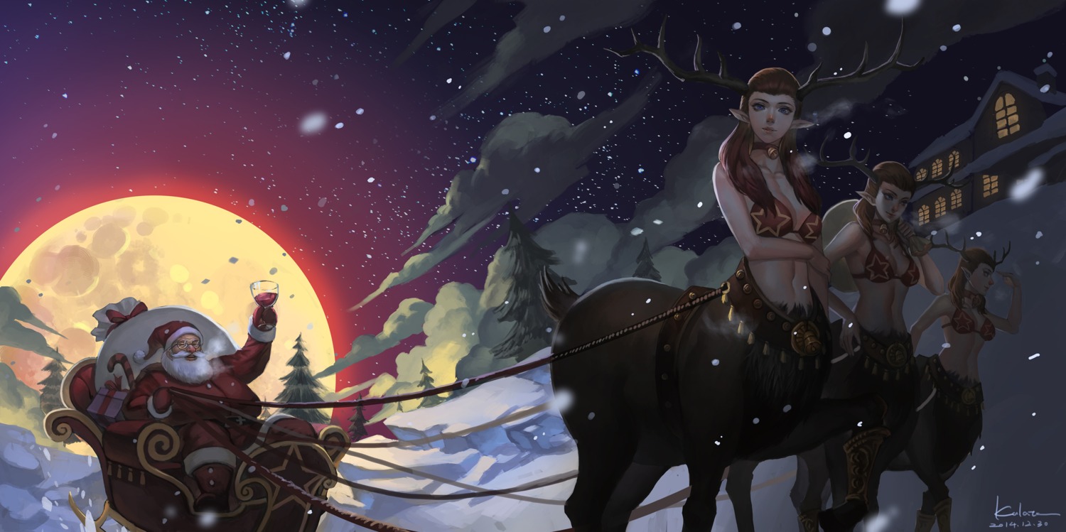 bikini_top, christmas, cleavage, horns, kalata, monster_girl, pointy_ears, swimsuits