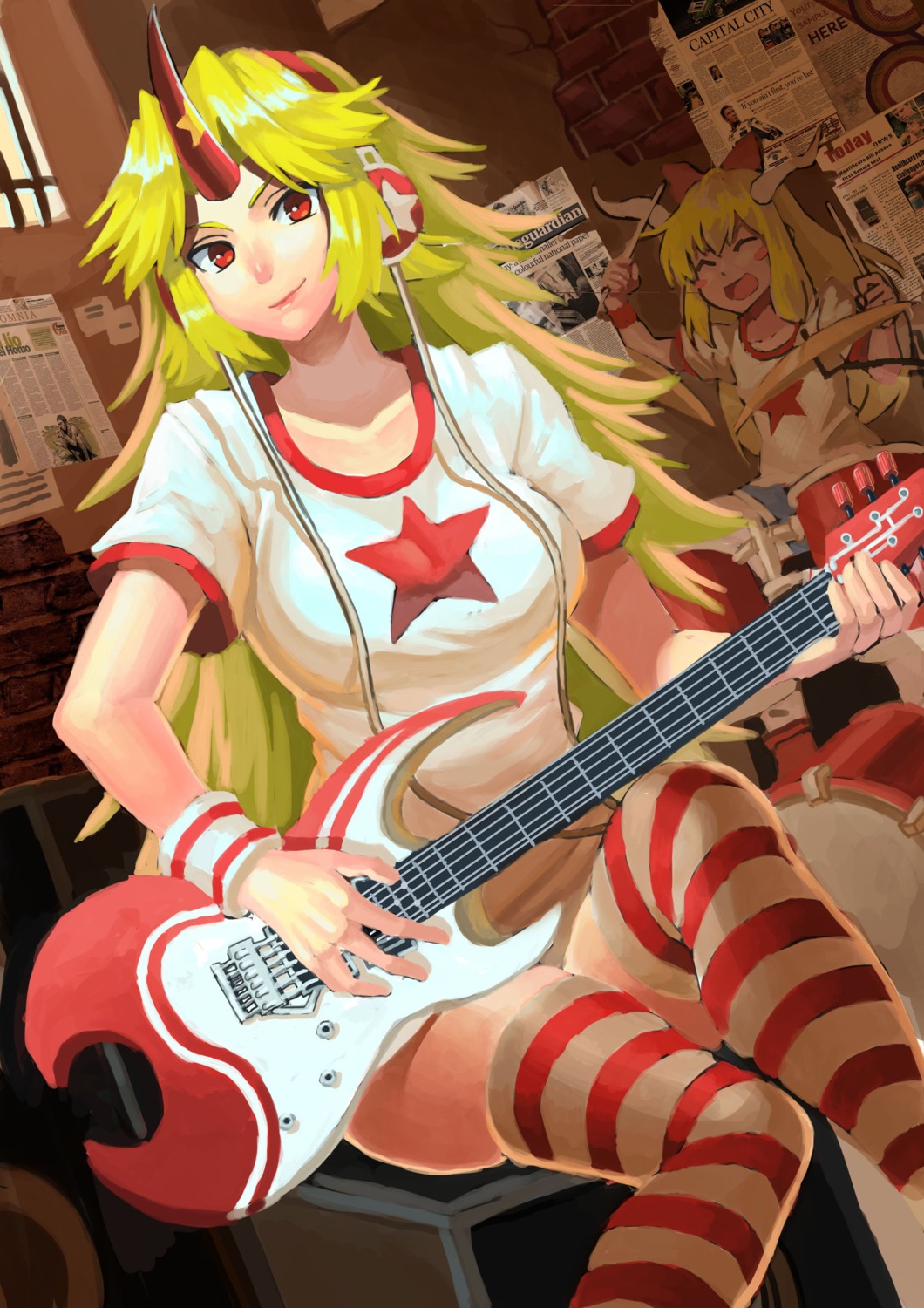 dress, guitar, headphones, horns, hoshiguma_yuugi, ibuki_suika, kalata, thighhighs