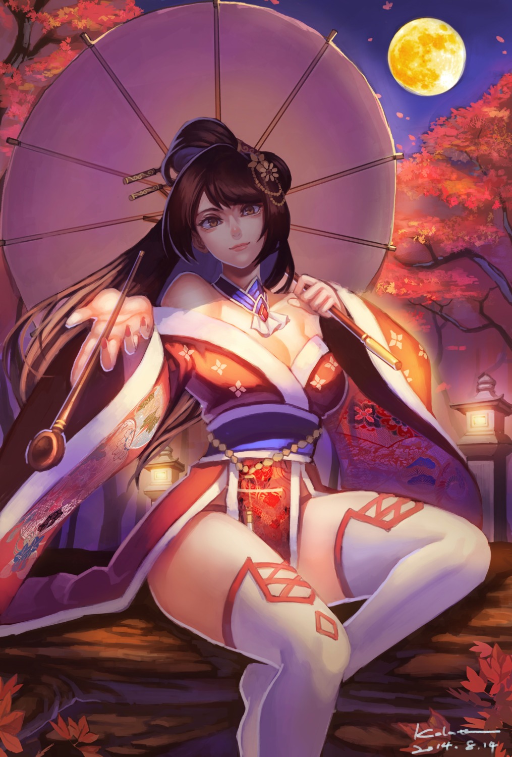 cleavage, japanese_clothes, kalata, pantsu, thighhighs, umbrella