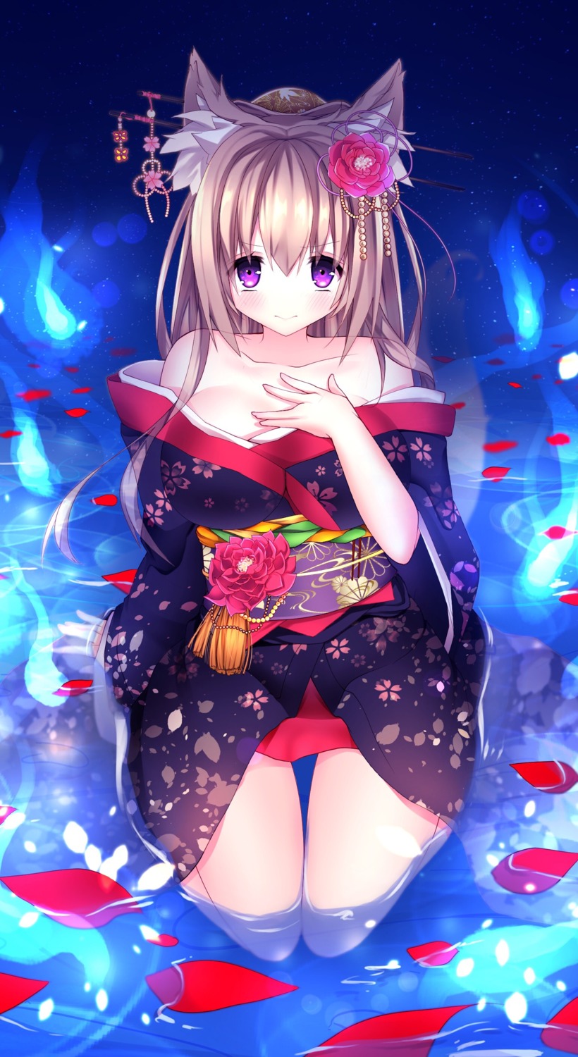 animal_ears, cleavage, japanese_clothes, kabako, kimono, wet
