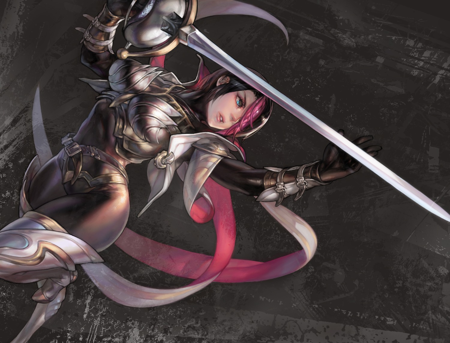 aoin, armor, bodysuit, fiora, league_of_legends, sword, thighhighs